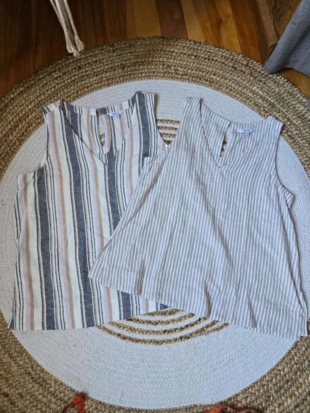 2 Linen Striped Sleeveless V-Neck Tanks Top Neutral Boho Casual Summer Blouse
